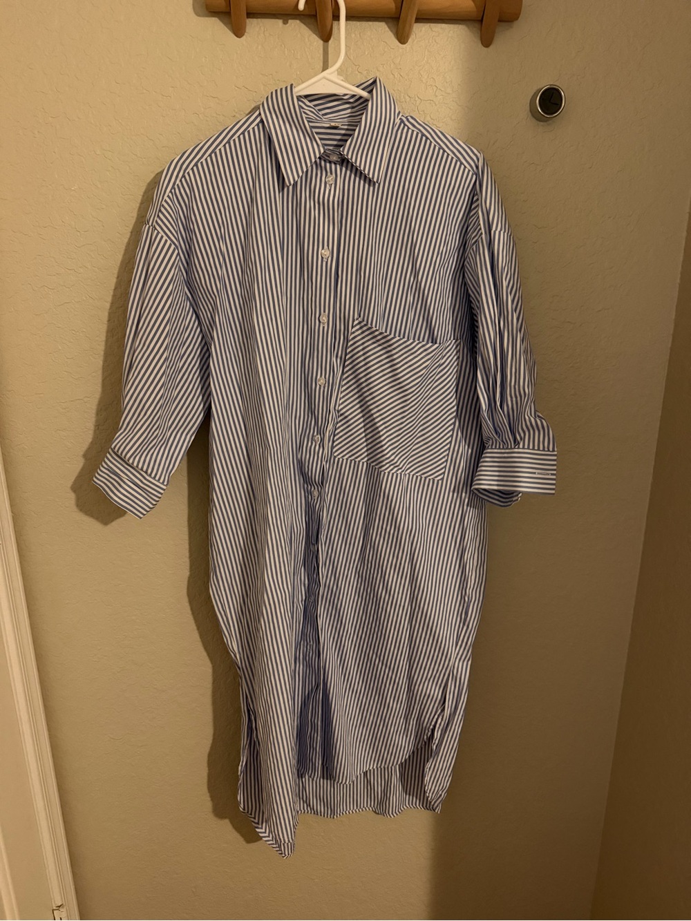 Women’s Blue and White Stripe Button-Up Shirt